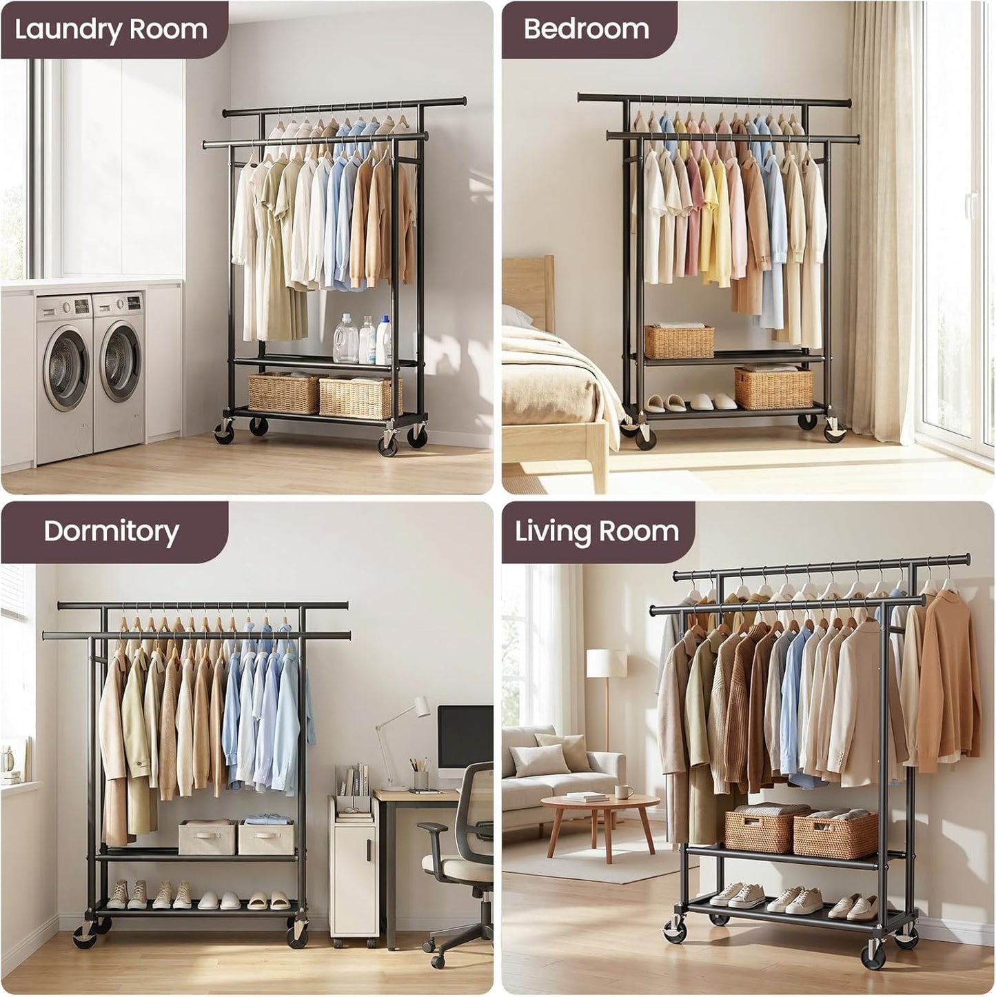Double-Rod Clothes Rack with Storage Shelves