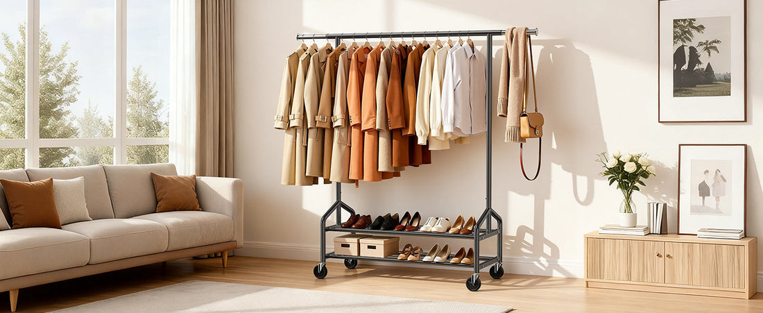 Heavy duty clothes rack fully loaded with coats and clothing on a metal frame with bottom shelves