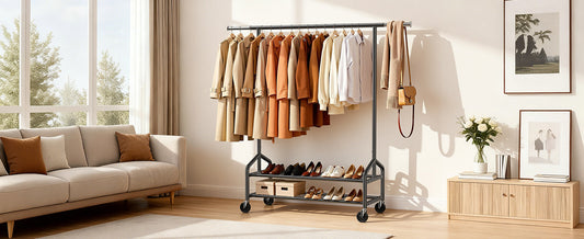 Heavy duty clothes rack fully loaded with coats and clothing on a metal frame with bottom shelves