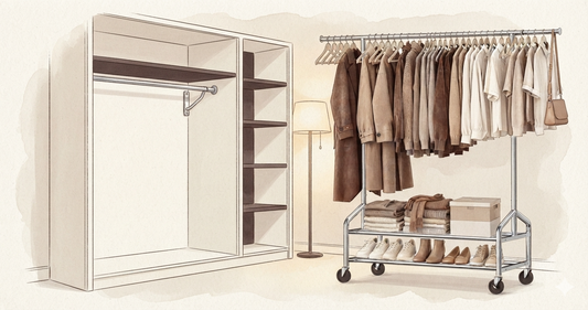 Freestanding garment rack beside a closet, holding clothes after a closet rod failure