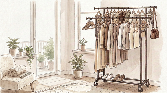 Double rod clothes rack with two hanging rails full of clothing in a small bedroom corner
