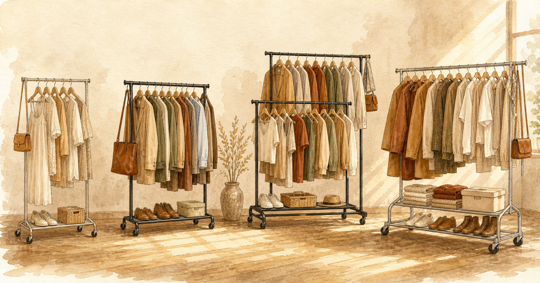 Four WATIOWL garment racks side by side — Heavy Duty 650 lb in silver and black, Double Rod with Shelves, Double Rod Rolling, and Portable — illustrating the choice between capacity, size, and use case.