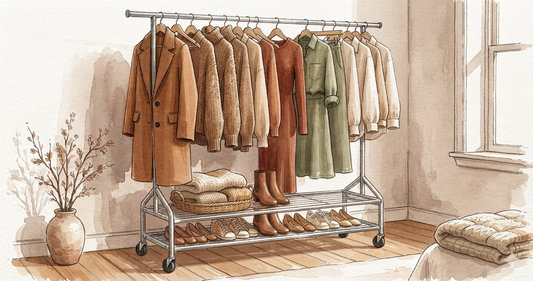 Heavy duty garment rack with triangular base, lower shelves and locking wheels in a bright room