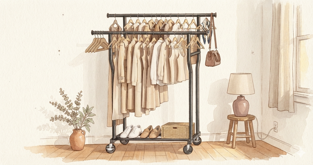 Open wardrobe setup in a bedroom without a closet, clothes rack against the wall with folded items