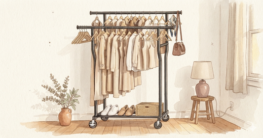 Open wardrobe setup in a bedroom without a closet, clothes rack against the wall with folded items