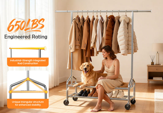One-piece steel crossbar on the WATIOWL heavy duty clothes rack, with reinforced frame and triangulated base, designed to resist bending under load