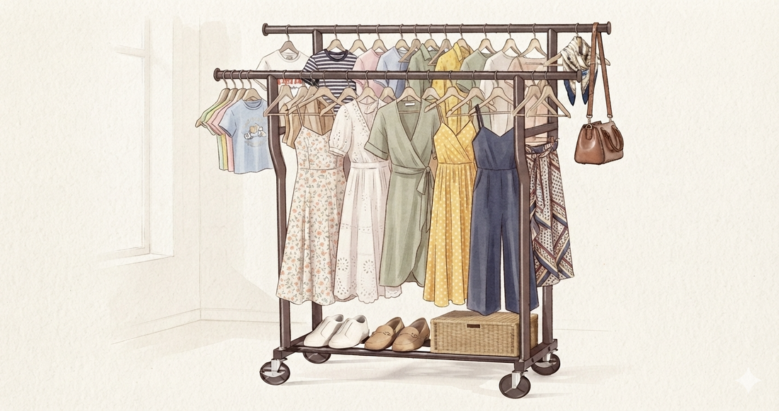 Double rod clothing rack full of vintage clothing set up for photography in a home studio