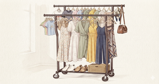 Double rod clothing rack full of vintage clothing set up for photography in a home studio
