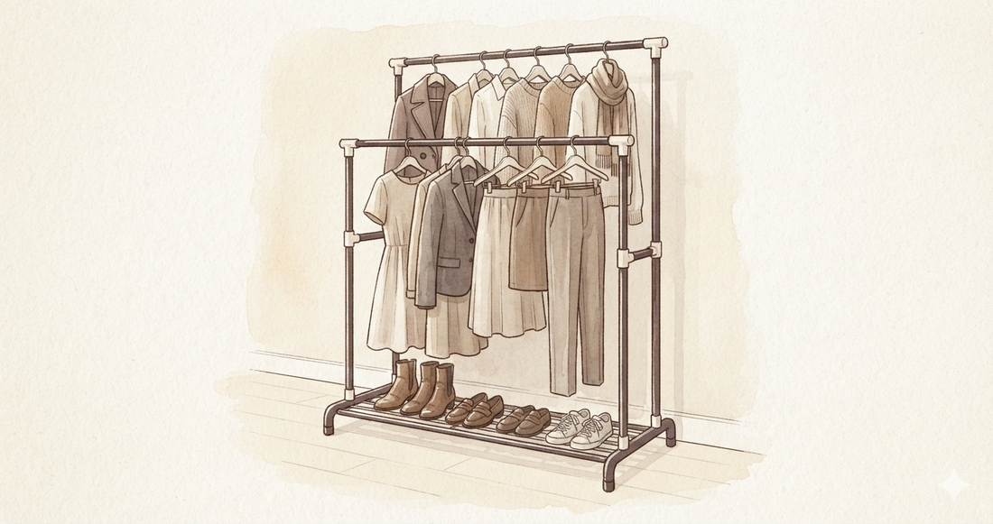 Staggered double rod clothes rack with two rails offset at different heights holding clothing