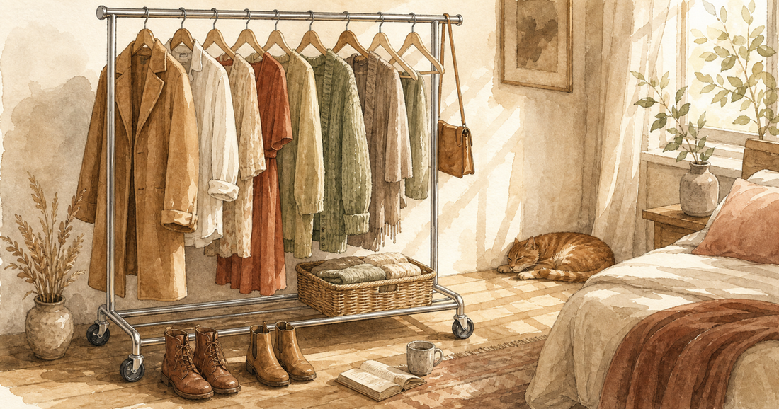 Watercolor illustration of four corners of a calm wardrobe — edit, zone, display, and return — showing a slow-living home aesthetic with garment racks and organized clothing.