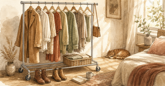 Watercolor illustration of four corners of a calm wardrobe — edit, zone, display, and return — showing a slow-living home aesthetic with garment racks and organized clothing.