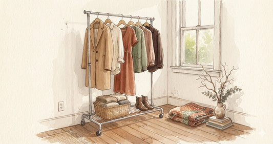 Watercolor editorial illustration of a rented bedroom corner with a rolling garment rack serving as a full wardrobe system, soft morning light, slow-living aesthetic.