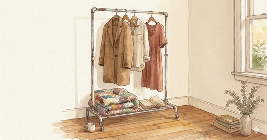 Watercolor editorial illustration of a well-cared chrome garment rack in a quiet corner, soft golden hour light suggesting years of use, slow-living aesthetic.