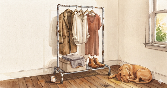 Watercolor illustration of a sturdy garment rack holding heavy winter coats in a warm apartment corner