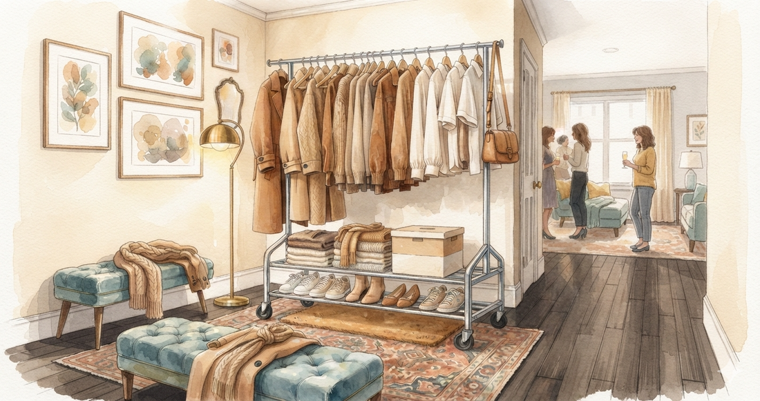Rolling garment rack by an entryway holding many guest coats and jackets during a gathering