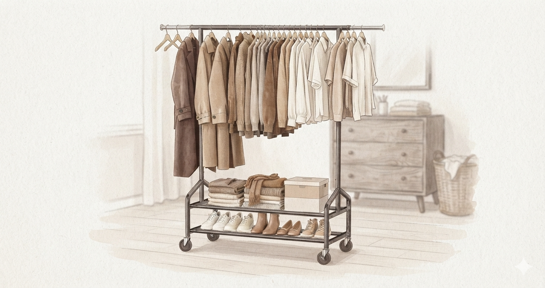 Affordable double rod clothes rack shown holding clothes, versatile for multiple rooms