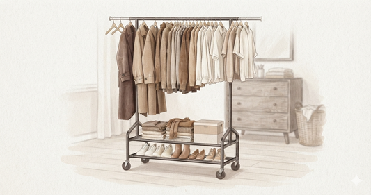 Affordable double rod clothes rack shown holding clothes, versatile for multiple rooms