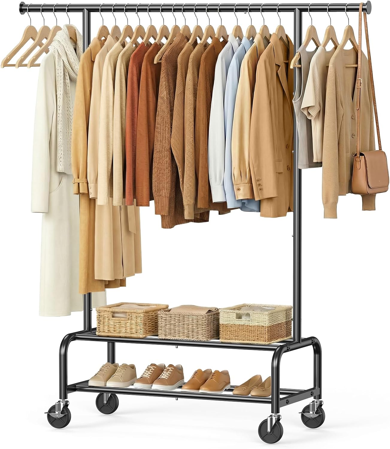 Portable Clothing Rack with Wheels, 180lbs Capacity, 2 Sturdy Shelves, Metal Garment Rack with Wheels