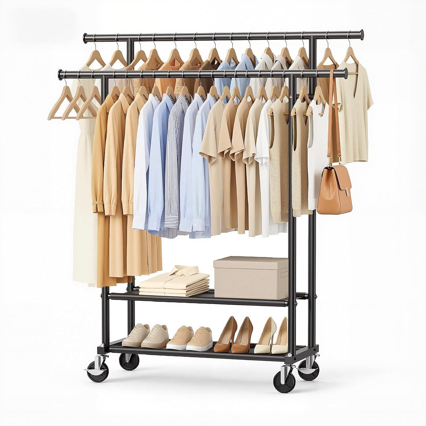 Double-Rod Clothes Rack with Storage Shelves