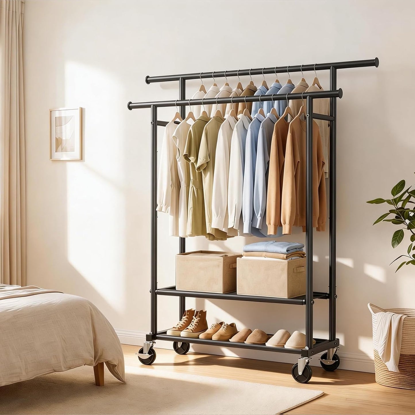 Double-Rod Clothes Rack with Storage Shelves