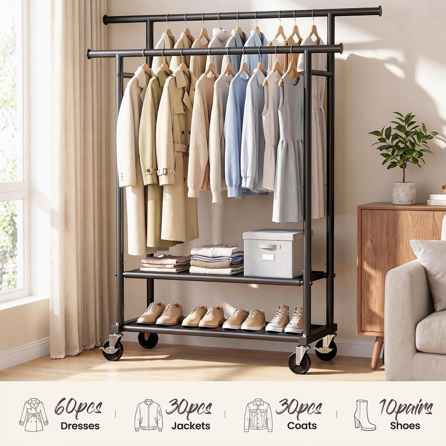 Double-Rod Clothes Rack with Storage Shelves