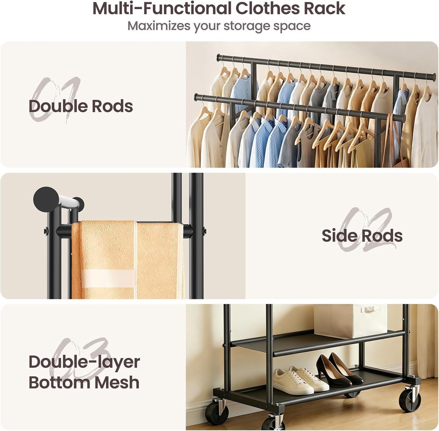 Double-Rod Clothes Rack with Storage Shelves