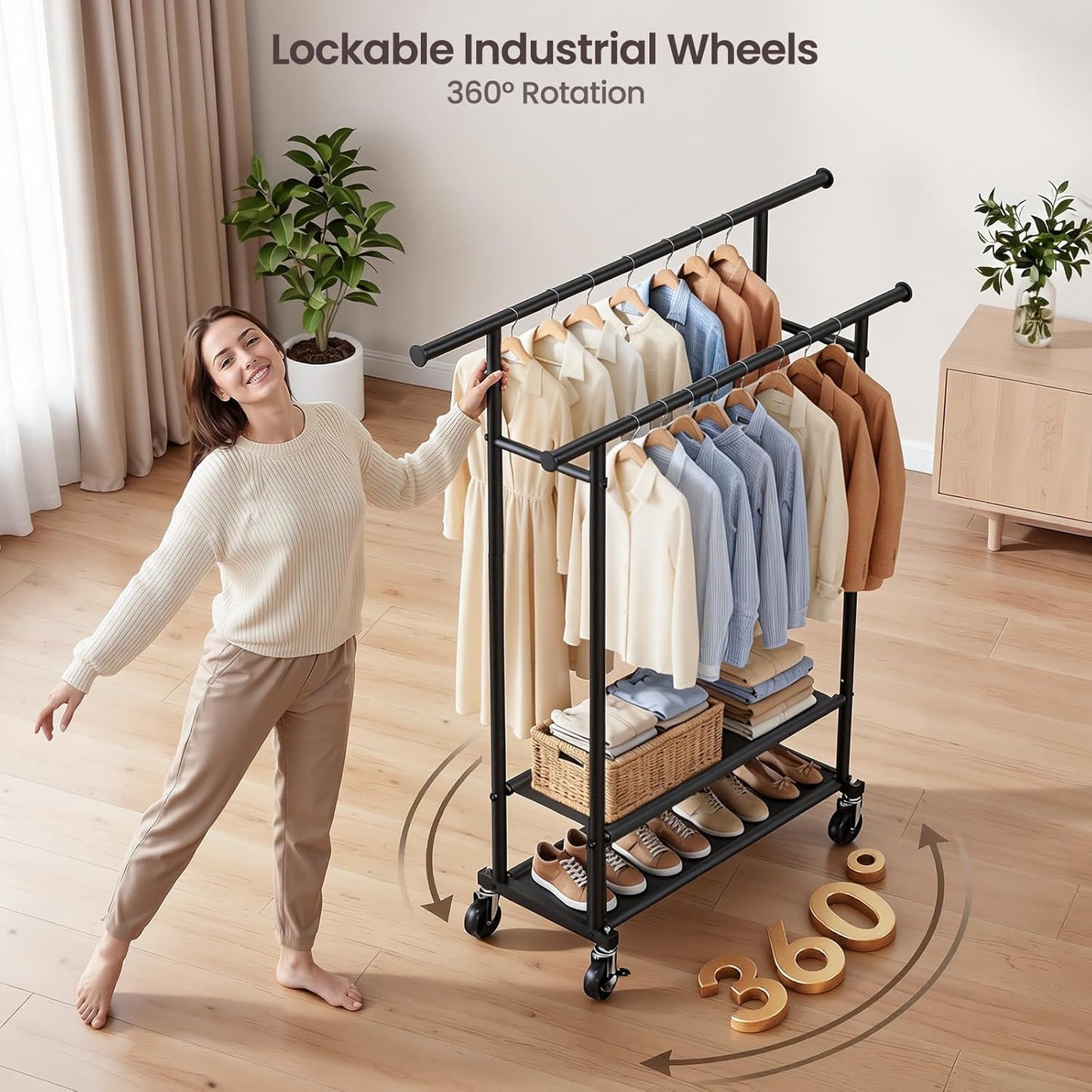 Double-Rod Clothes Rack with Storage Shelves