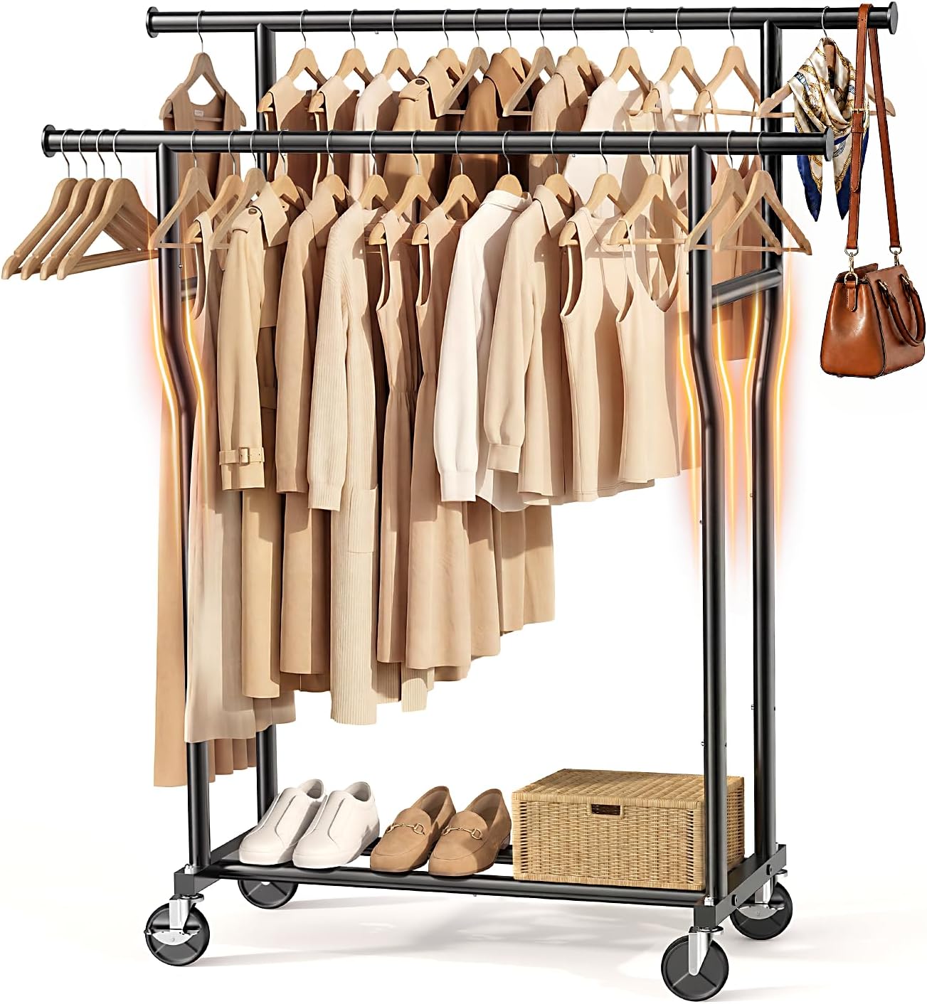 Double Rods Rolling Clothing Rack, 260lbs Capacity, 1 Sturdy Shelves, Metal Garment Rack with Wheels