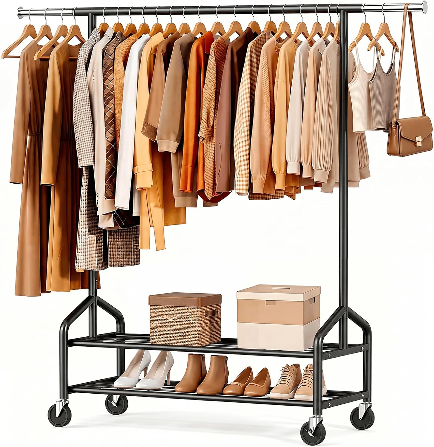 Compact heavy duty clothes rack in black with telescoping rail and double mesh shelves