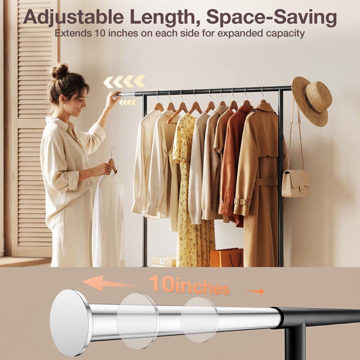 Compact heavy duty clothes rack in black with telescoping rail and double mesh shelves