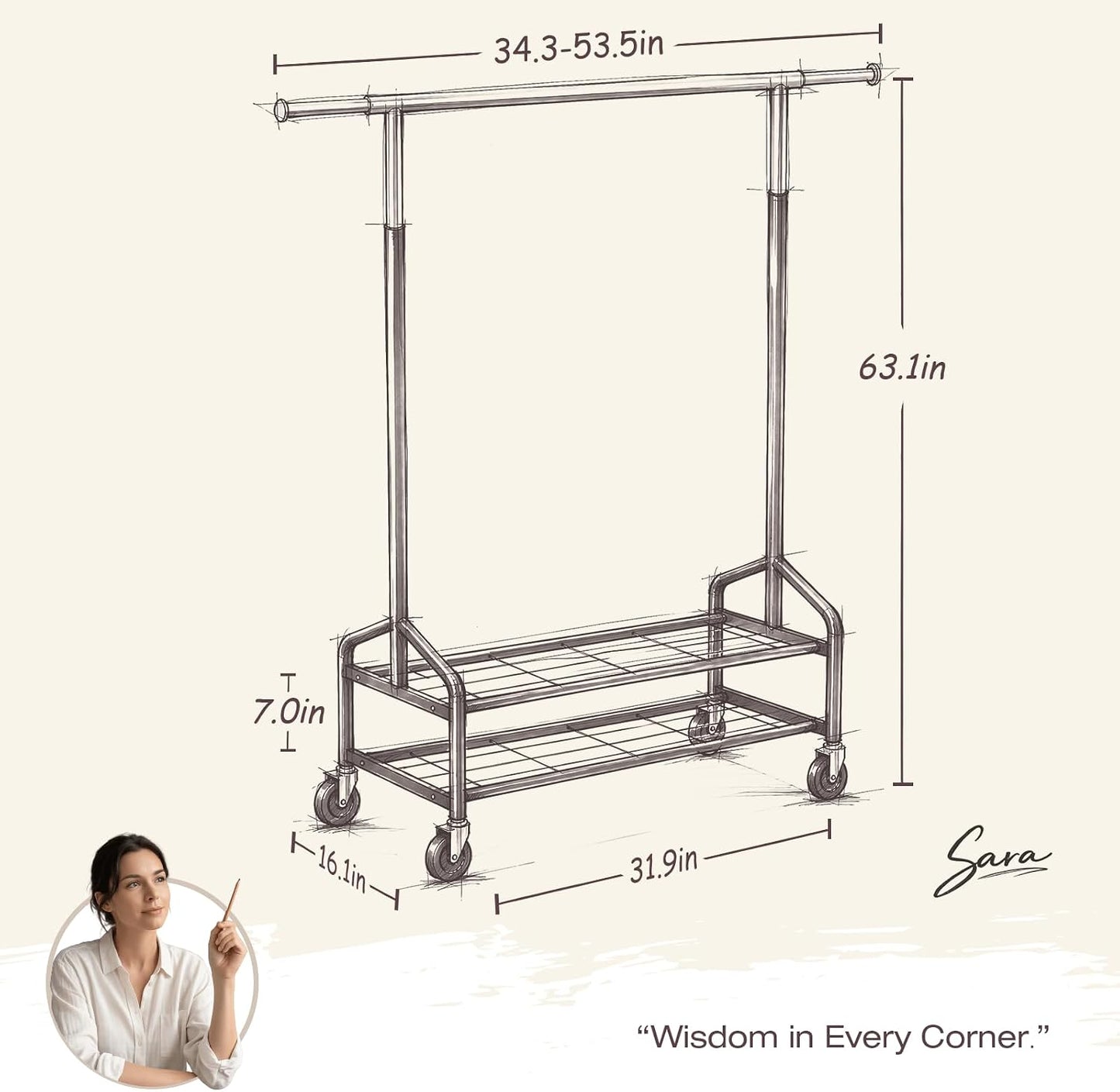 Compact heavy duty clothes rack in black with telescoping rail and double mesh shelves