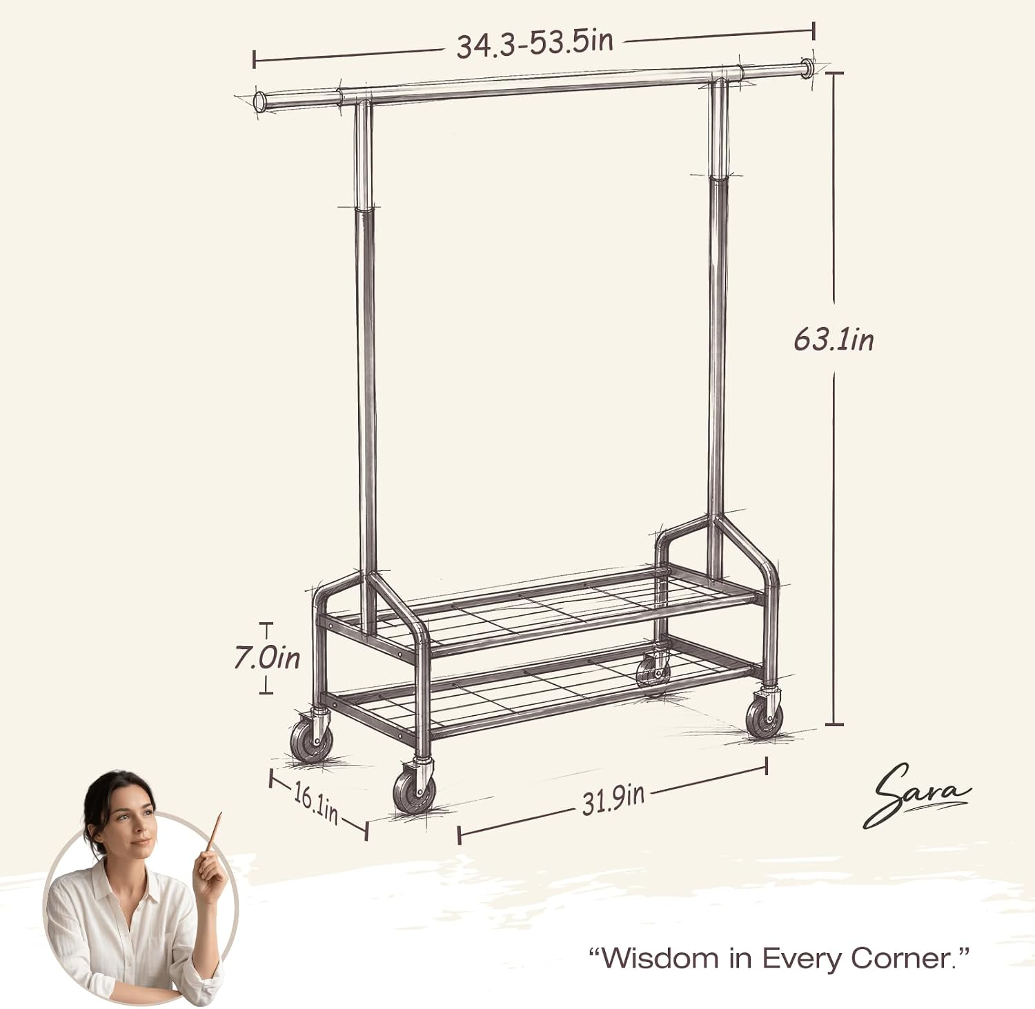 Compact heavy duty clothes rack in black with telescoping rail and double mesh shelves