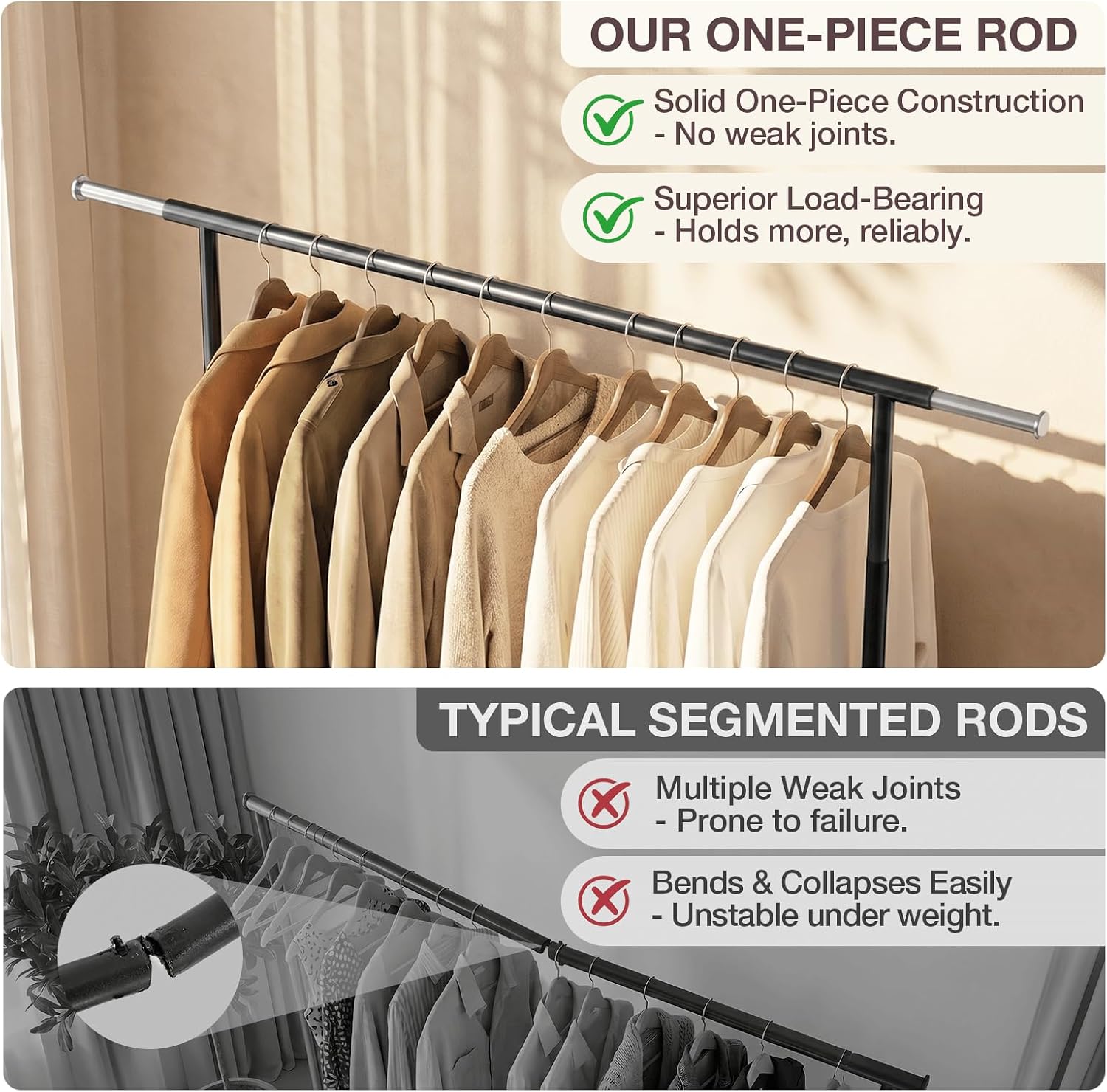 Compact heavy duty clothes rack in black with telescoping rail and double mesh shelves