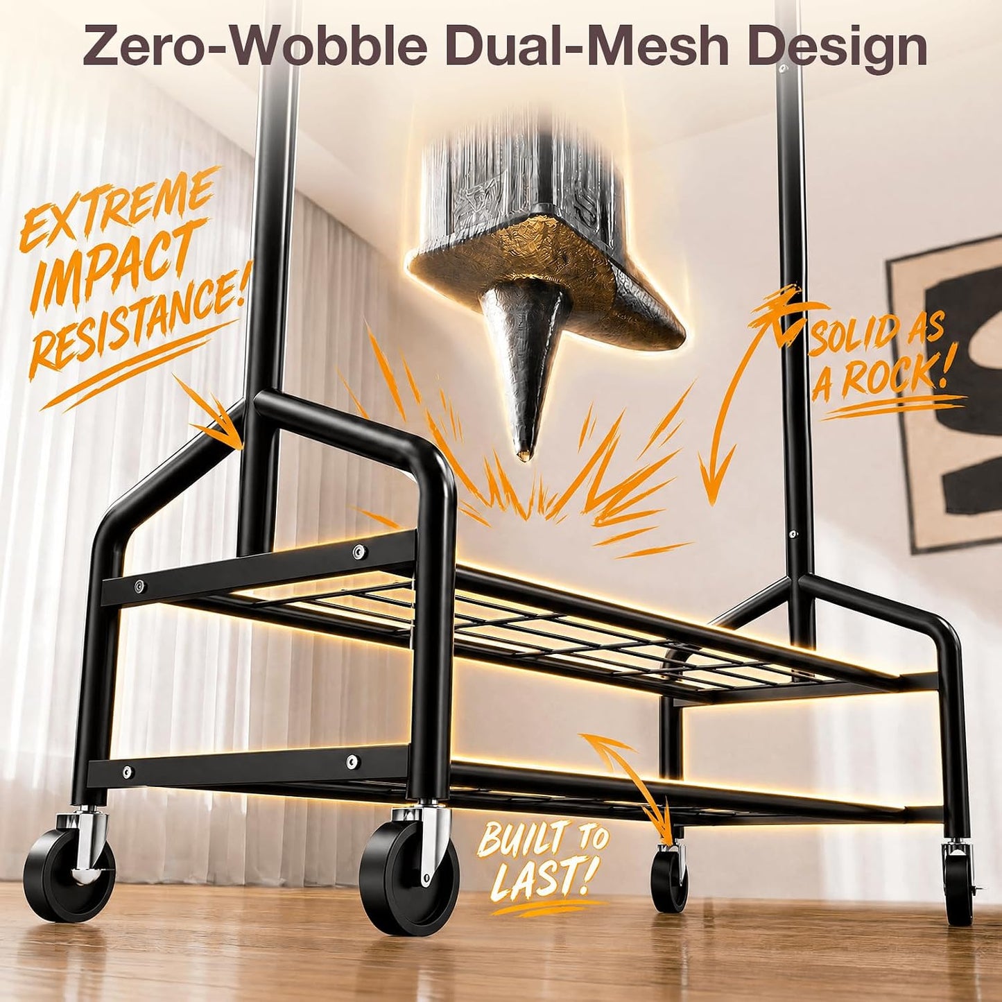 Compact heavy duty clothes rack in black with telescoping rail and double mesh shelves