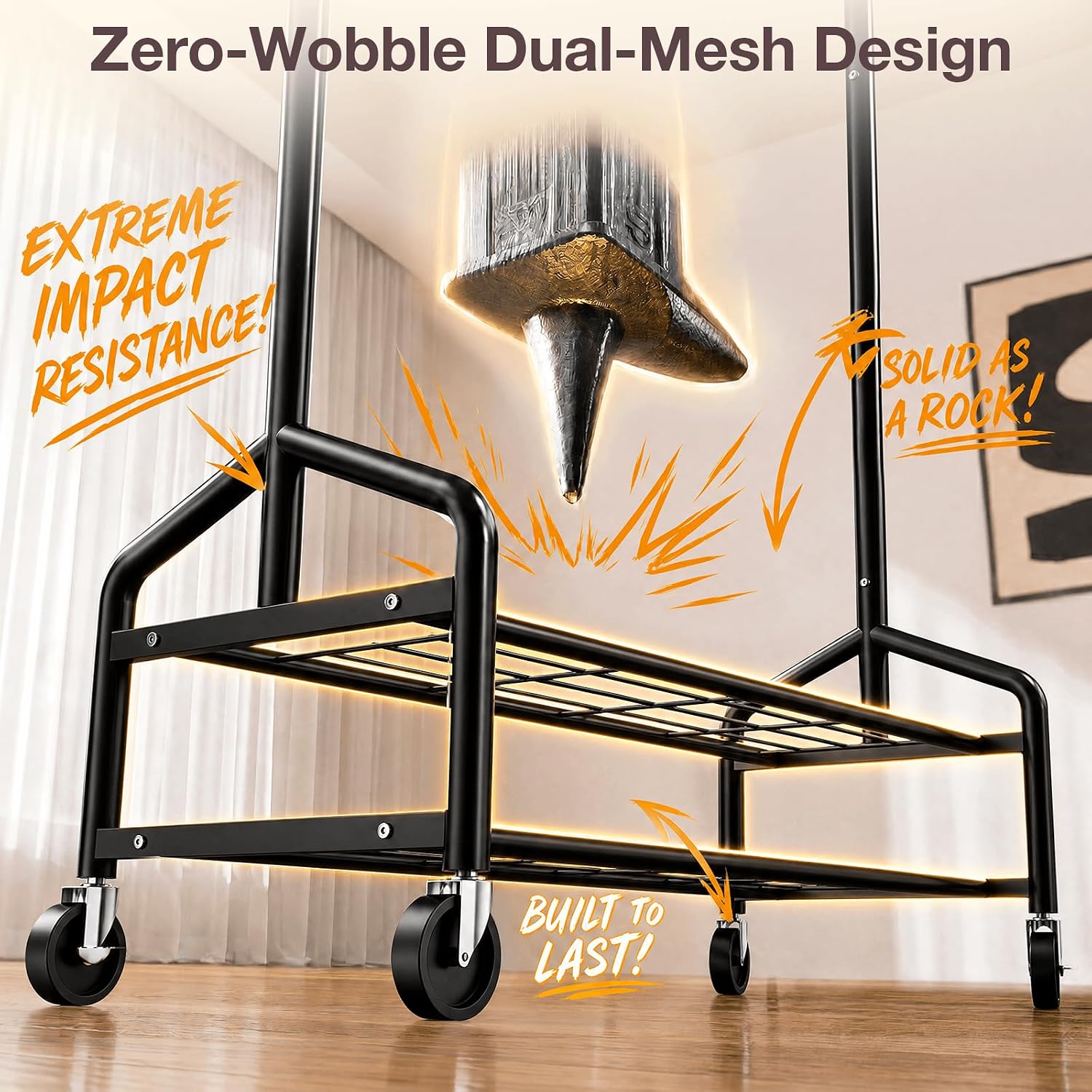Compact heavy duty clothes rack in black with telescoping rail and double mesh shelves