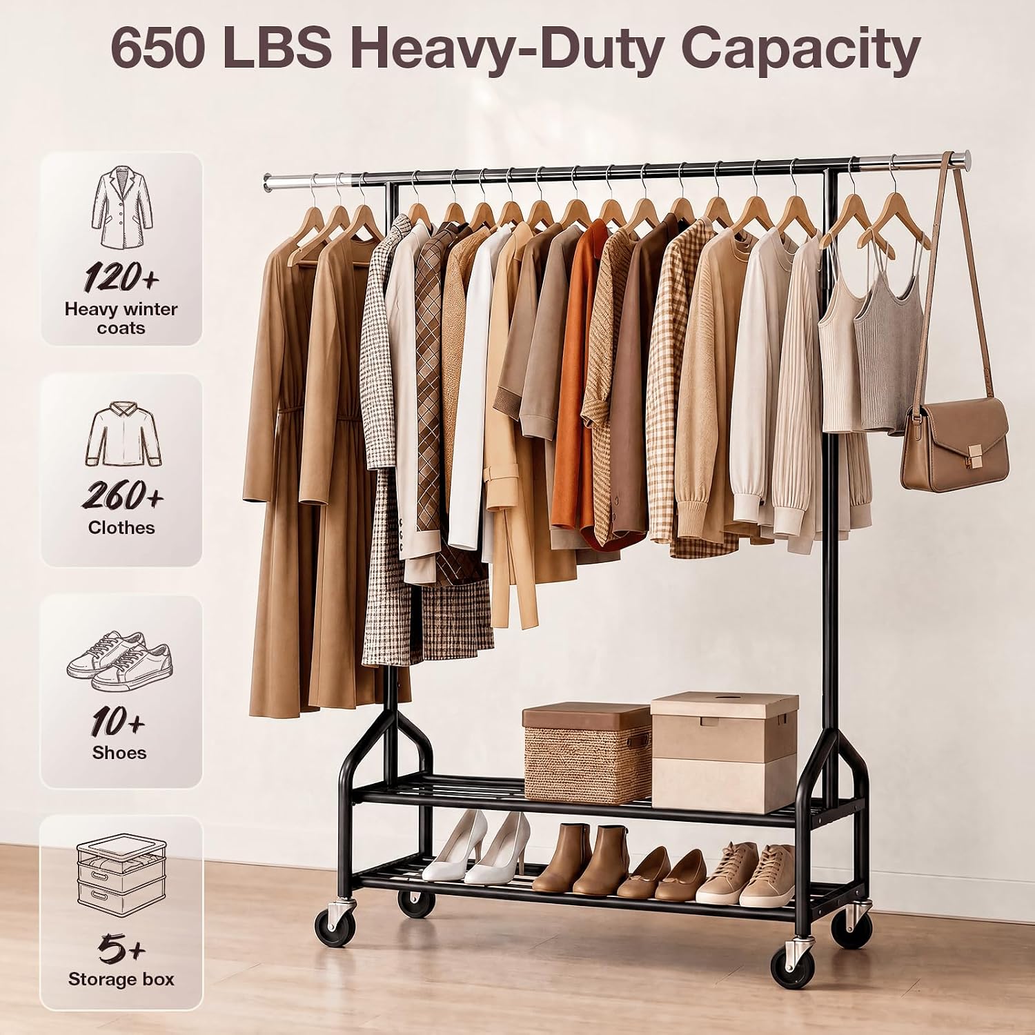 Compact heavy duty clothes rack in black with telescoping rail and double mesh shelves
