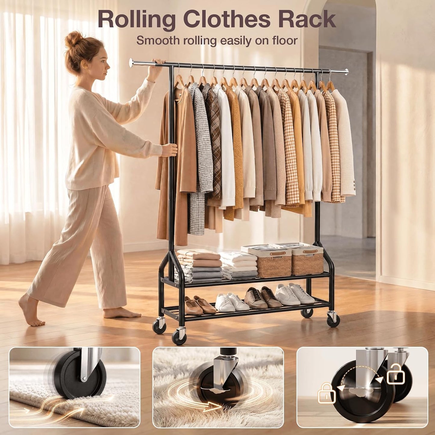 Compact heavy duty clothes rack in black with telescoping rail and double mesh shelves