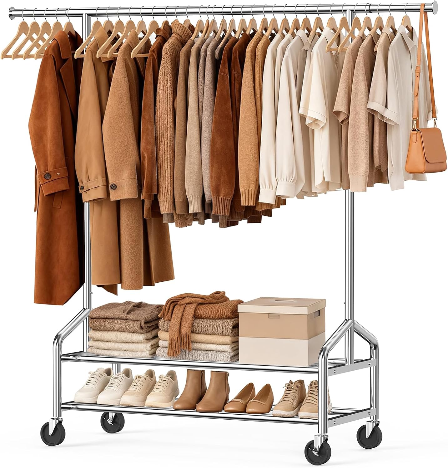 Heavy Duty Clothes Rack 650lbs Capacity, 2 Sturdy Shelves, Metal Garment Rack with Wheels
