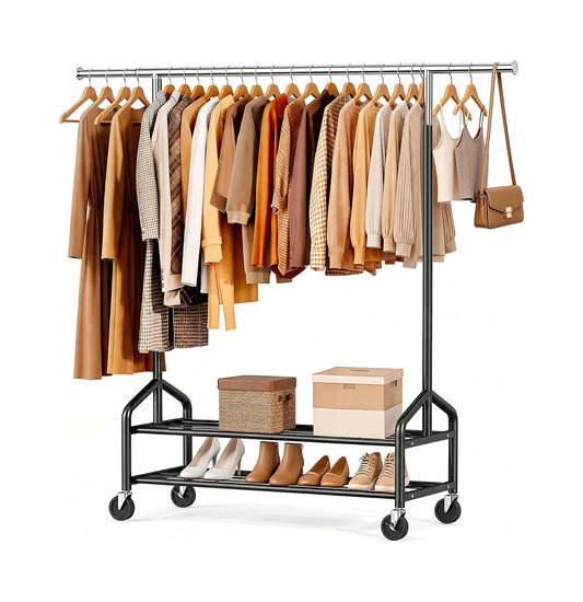 Compact heavy duty garment rack in silver-black two-tone with telescoping rail and locking casters